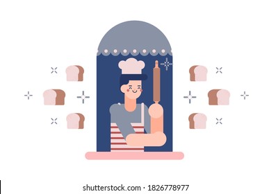 Man in an apron holding rolling pin. People in the window frame and vector bread, star icons. Illustration about Kitchen at home.