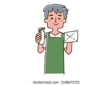 A Man In An Apron Holding Rubbing Alcohol And A Rag Comical Handwritten Person Vector, Color On Line Drawing