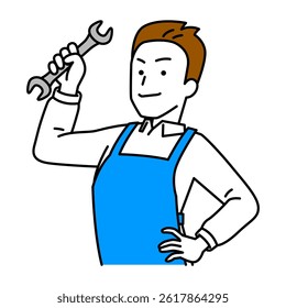 man in an apron holding a wrench