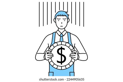 Un hombre en un delantal, una imagen de pérdida de cambio o depreciación del dólar