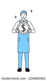 A man in an apron, with images of foreign exchange gains and dollar appreciation.