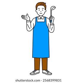 Man in an apron introducing something with a ladle (full body)