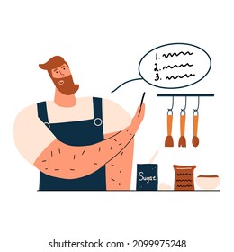 A man in an apron in the kitchen prepares a recipe online from his phone. Vector illustration of hand drawing style