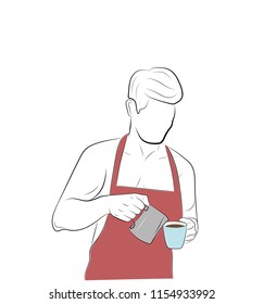 the man in the apron makes coffee. vector illustration.