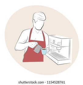 the man in the apron is making coffee. barista. vector illustration.