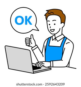 Man in an apron making an OK sign while using a laptop