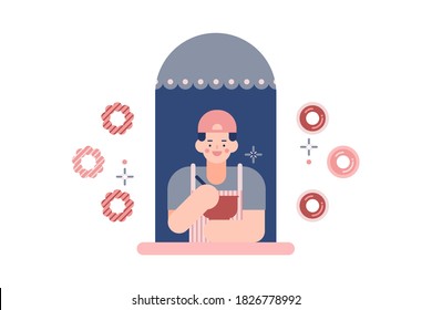 Man in an apron mixing eggs and wheat flour in a bowl. People in the window frame and vector donut, star icons. Illustration about Kitchen at home.