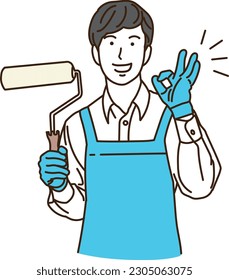 A man in an apron with a paint roller
