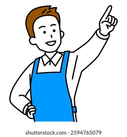 Man in an apron pointing into the distance