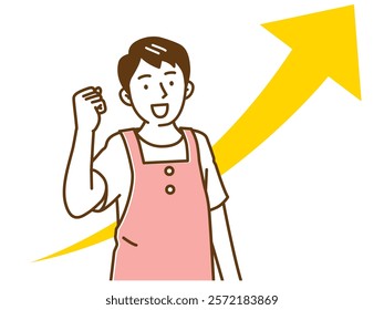 A man in an apron posing with a fist pump and an upward arrow