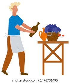 Man in apron pouring wine from earthen jar. Basket with grapes. Beverage from ripe fruits. Waiter with bottle. Harvest festival vector illustration. Farmer celebrates end of harvest