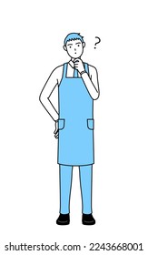 A man in an apron with questions.