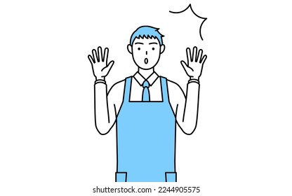 A man in an apron raising his hand in surprise.