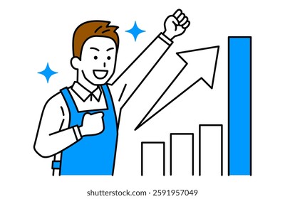 Man in an apron rejoicing with a growing graph and a fist pump