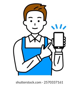 Man in an apron showing and explaining a smartphone screen