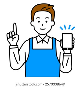 Man in an apron showing and explaining a smartphone screen