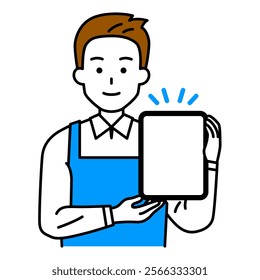 Man in an apron showing a tablet screen