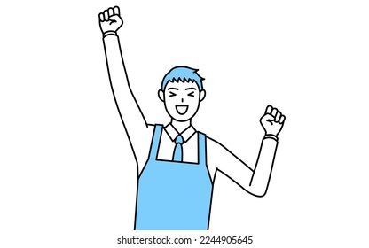 A man in an apron smiling and jumping.