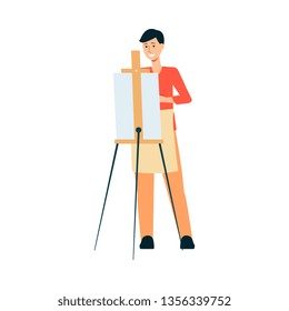 Man in apron standing behind easel and painting on canvas cartoon style, vector illustration isolated on white background. Male artist is holding a paintbrush or pencil and drawing