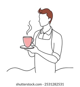 Man in an apron stands holding a steaming cup of coffee, ready to serve or enjoy a warm beverage continuous line art flat vector illustration white background.