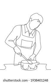 man in an apron is stirring food in a saucepan on the stove - one line drawing. chef, cooking lover prepares food