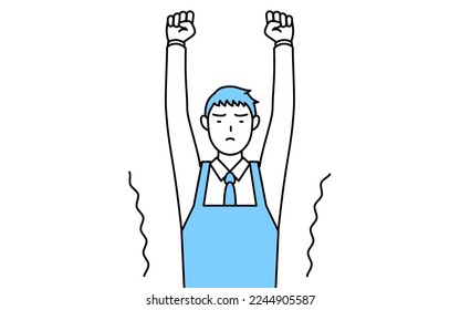 A man in an apron stretching and standing tall.