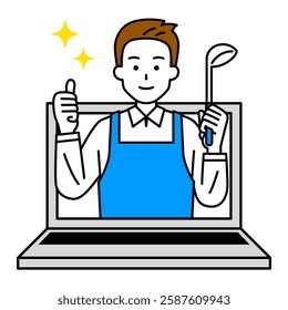 Man in an apron teaching cooking online