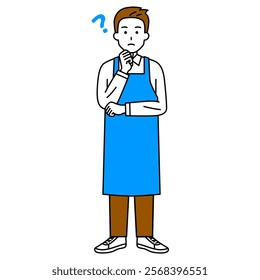 Man in an apron thinking of an idea (full body)