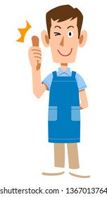 A man with an apron to thumb up
