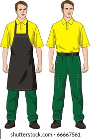 The man in an apron and trousers with pockets