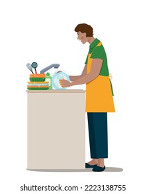 Un hombre en un delantal lava platos en la cocina, el marido ayuda a administrar la casa. Ilustración vectorial.