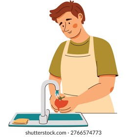 A man in an apron washes vegetables in a sink under running water. A cozy home cooking scene featuring healthy food in a modern flat vector style, suitable for topics related to lifestyle, nutrition, and recipes.