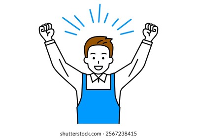 Man in an apron who is overjoyed and raising his hands