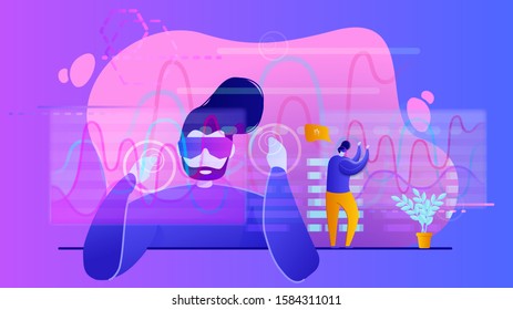 Man in AR glasses works with graphs and charts. Augumented reality concept. Vector illustration