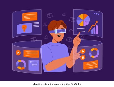 Man in AR glasses. Young guy in artificial reality with statistics. Infographics, charts and diagrams. Metaverse and cyberspace. Modern technologies and innovations. Cartoon flat vector illustration