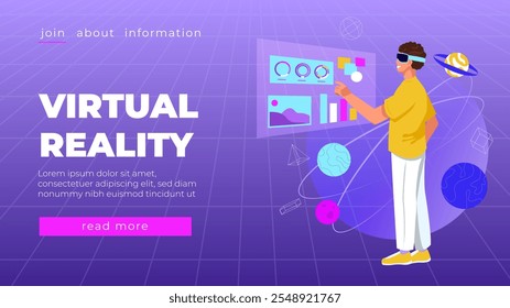 Hombre con gafas AR o VR. Joven en realidad artificial con estadísticas. Infografías, gráficos y diagramas. Metaverso y ciberespacio. Tecnologías e innovaciones modernas. Vector plano de dibujos animados