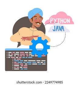 Man Arab App Dev in Turban Professional Developing and Coding Software Application for Mobile Device Vector Illustration