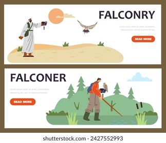 Man and Arab falconers with hawking glove and falcon on nature landscape forest or desert. Cartoon vector Falconry landing pages set. Falcon training with professional equipment, bird hunting