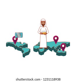 man arab in map with smartphone and set icons