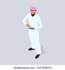 Man in arab traditional clothes stands with an electronic device in isometric view. Saudi person doing counting on tablet or phone.