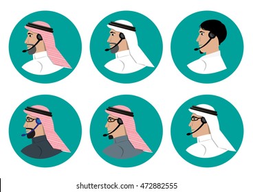 Man in Arabian Traditional Costume with Phone Earpiece. Different Faces and Clothing Mix of a Call Center Employee of Arab origin. Editable Clip Art.