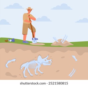 Man with archaeological excavations. Young guy digs bones out of ground. Archeology and paleontology, geology. Skeleton of Triceratops underground. Flat vector illustration