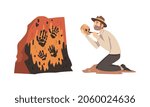 Man Archaeologist with Brush Searching for Material Remains Vector Set