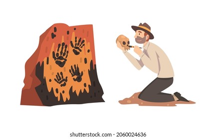 Man Archaeologist and Brush Searching for Material Remains Vector Set