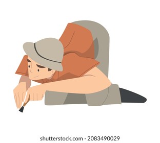Man Archaeologist with Brush Working on Excavations in Search of Archaeological Remains Vector Illustration