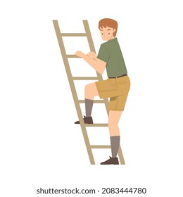 Man Archaeologist Climbing Ladder Working on Excavation Site in Search of Archaeological Remains Vector Illustration