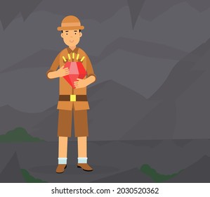 Man Archaeologist Holding Shiny Gem Searching for Material Remains Vector Illustration