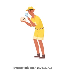 Man archaeologist looking at ancient skull vector illustration