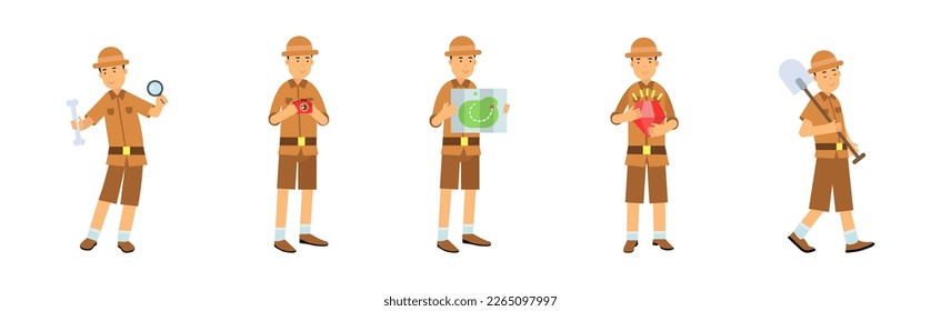 Man Archaeologist with Map and Shovel Searching for Material Remains Vector Set