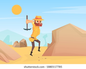 Man Archaeologist Scientist Character Working on Excavations with Pickaxe, Scientist Character During Archaeological Researches Cartoon Vector Illustration